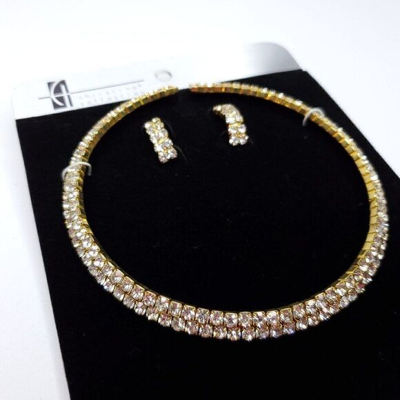 Statement Collar Necklace Earring Set Clear Crystals Rhinestones Goldtone - Picture 2 of 3